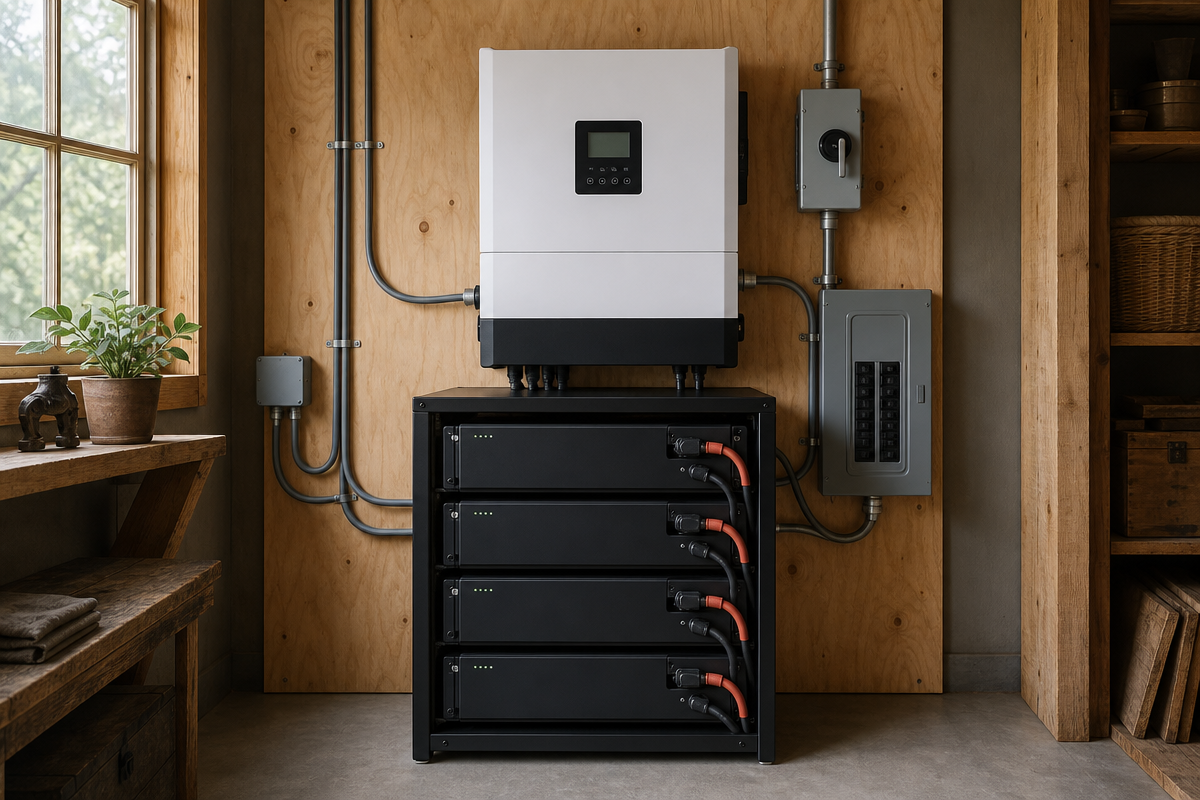 A simple component system with a hybrid inverter and four server-rack batteries.