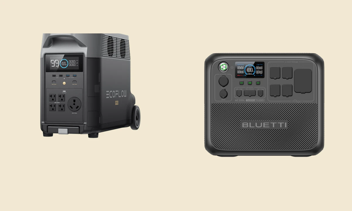 Two all-in-one solar generators: EcoFlow DELTA Pro and BLUETTI AC200L.