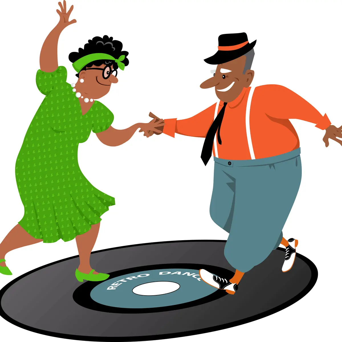 Cartoon senior couple dancing on a retro vinyl record